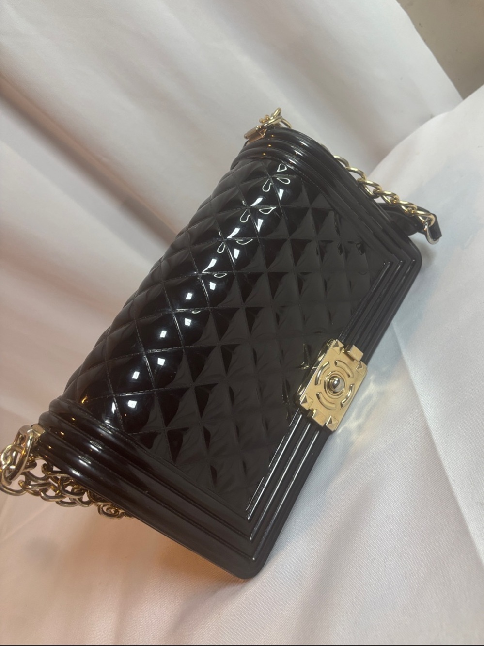 Patent Quilted Black Crossbody with Gold Hardware